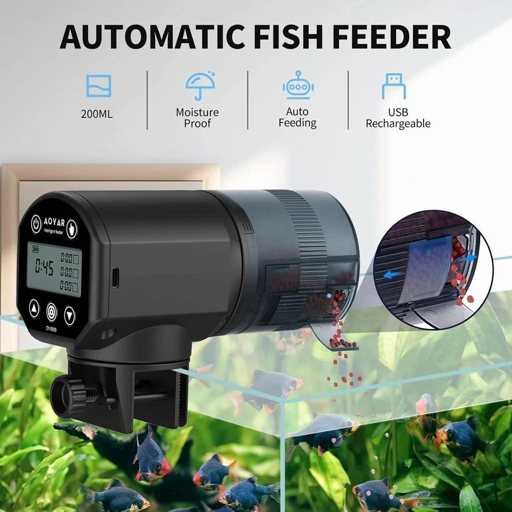 Automatic Fish Feeder‎ Dispenser for Aquarium: Rechargeable Auto Feeders Black